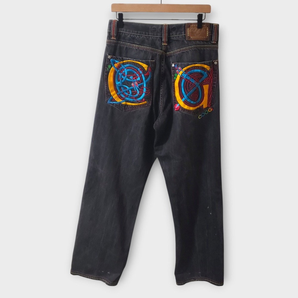 Y2K Coogi Mens Baggy Black Jeans 34x34 Embroidered Colorful Hip Hop Retro 90s